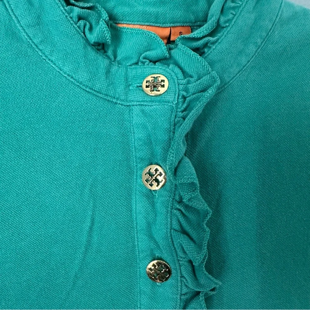 TORY BURCH Sleeveless Ruffled Lidia Polo Gold Logo Button Tank small